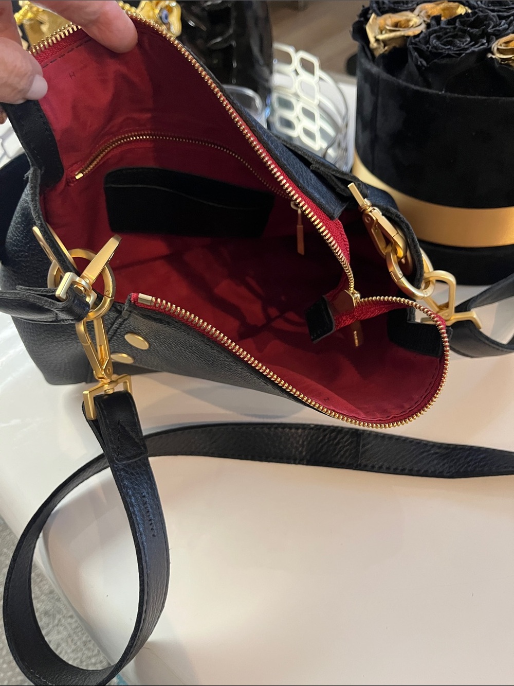 Hammitt Black Leather Crossbody with Gold Studs and Red Zip - Picture 2 of 2